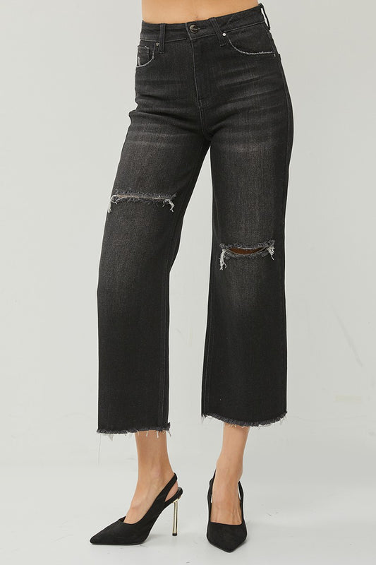 Black Frayed Wide Leg Jeans
