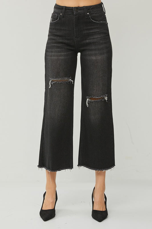 Black Frayed Wide Leg Jeans