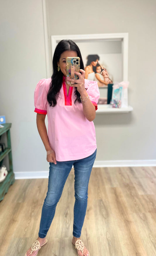 Bubble Pop Bold Trim Top - Pink