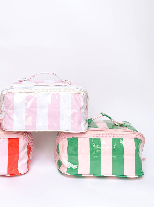 Gloss & Go - Colorful Stripe Wipeable Cosmetic Toiletry Bag (White/Pink Only)