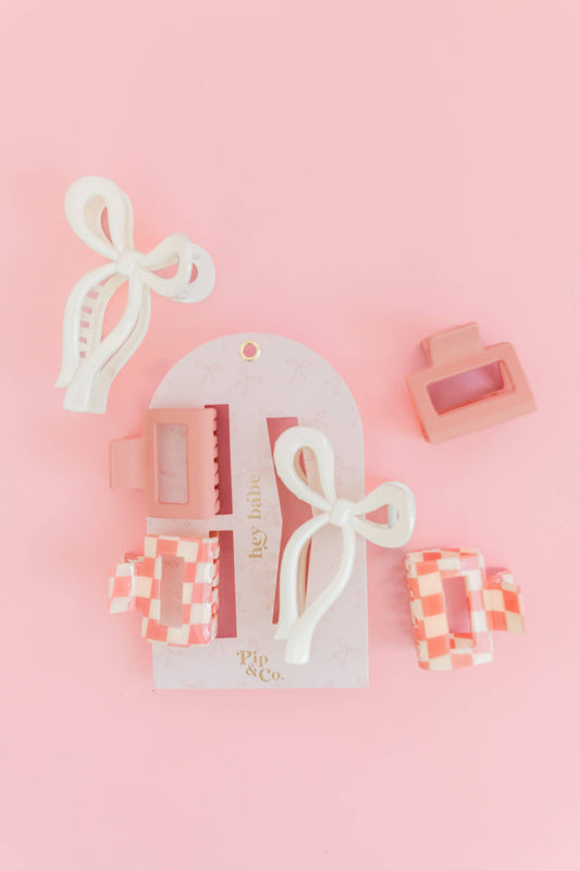 Pink Checker and Bow Hair Clip Set