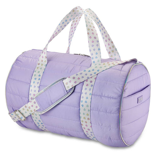 Purple Puffer Duffle with Rainbow Heart Strap
