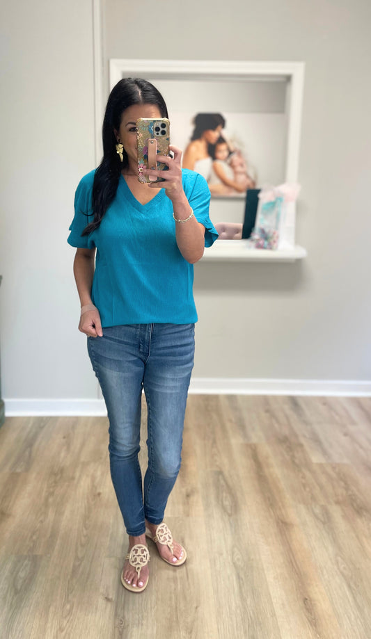Sweet Simplicity Crinkled Texture Top - Teal
