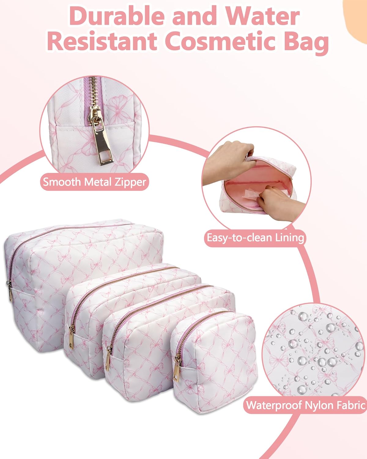 Pre-order 4PC Nylon Cosmetic Bags - Pink Bow