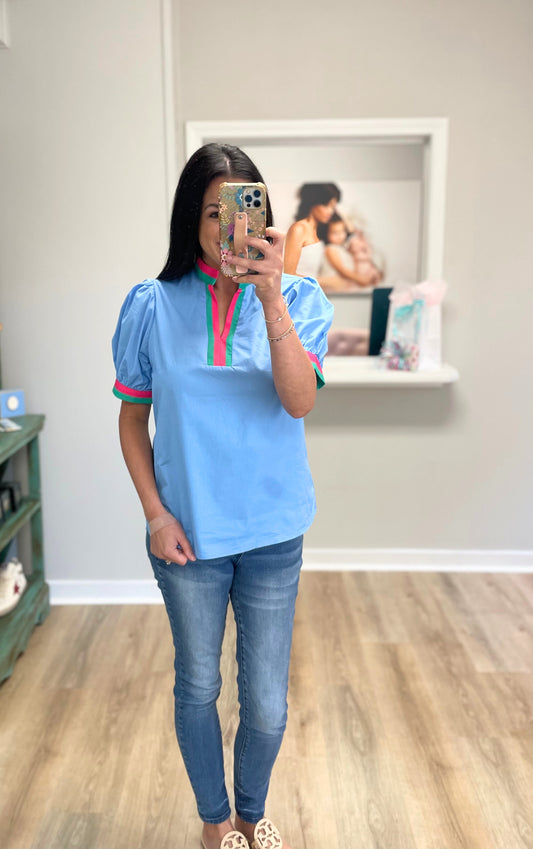 Bubble Pop Bold Trim Top - Blue