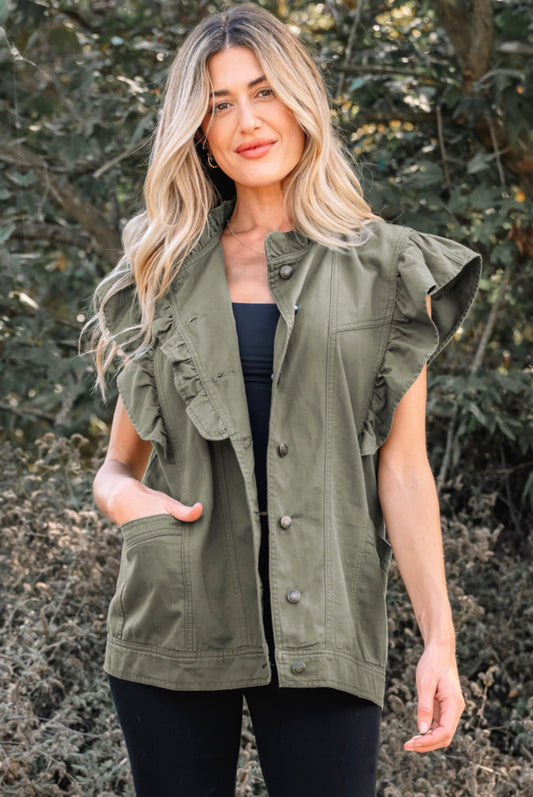 Green Jacket Vest with Ruffle Detail