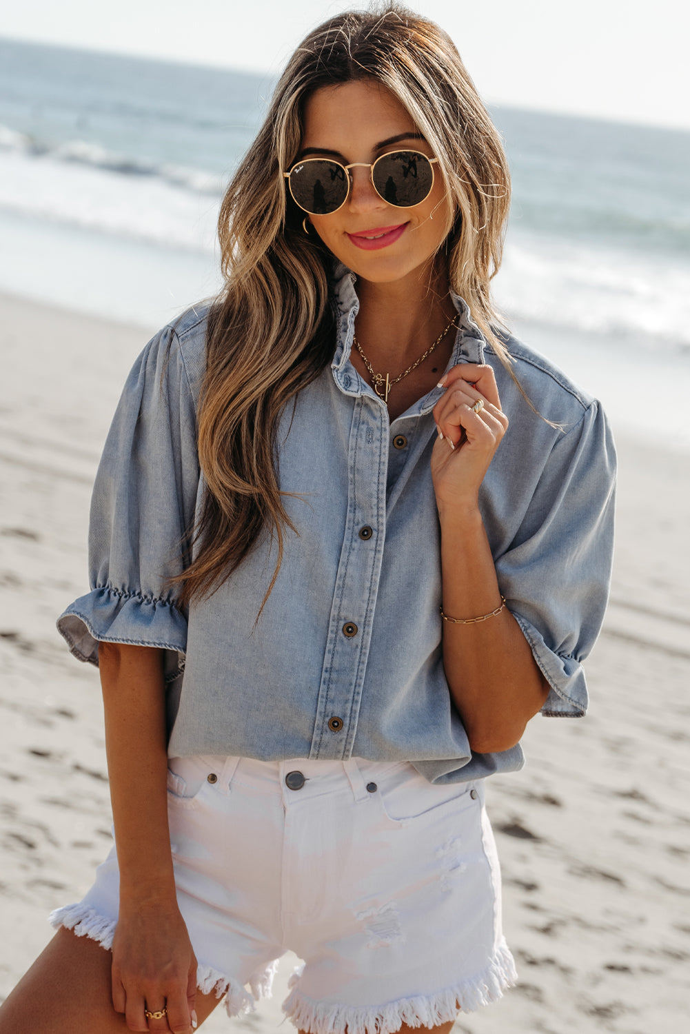 Chambray Puff Sleeve Top