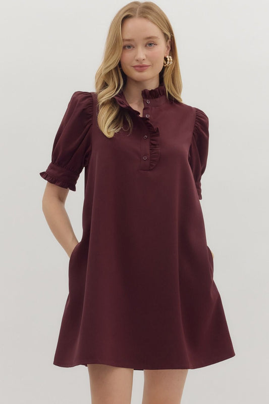 The Eleanor Ruffle Collar Dress - Burgundy