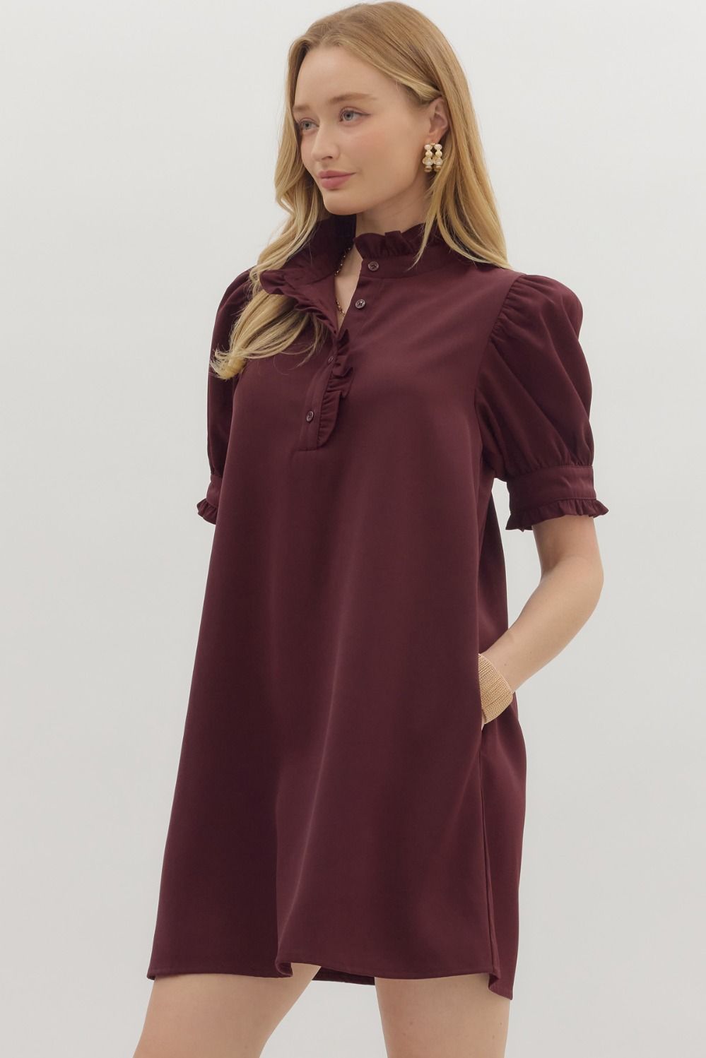 The Eleanor Ruffle Collar Dress - Burgundy