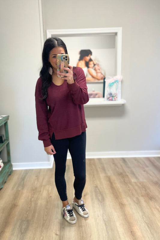 The Cozy Cutout Waffle Top - Maroon