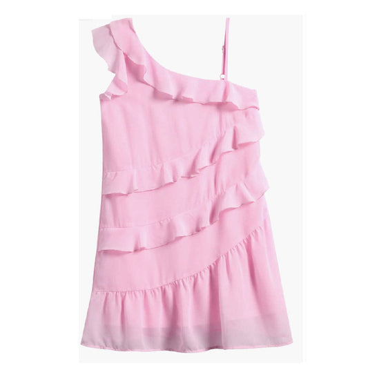 Girls: Pink One-Shoulder Ruffle Dress