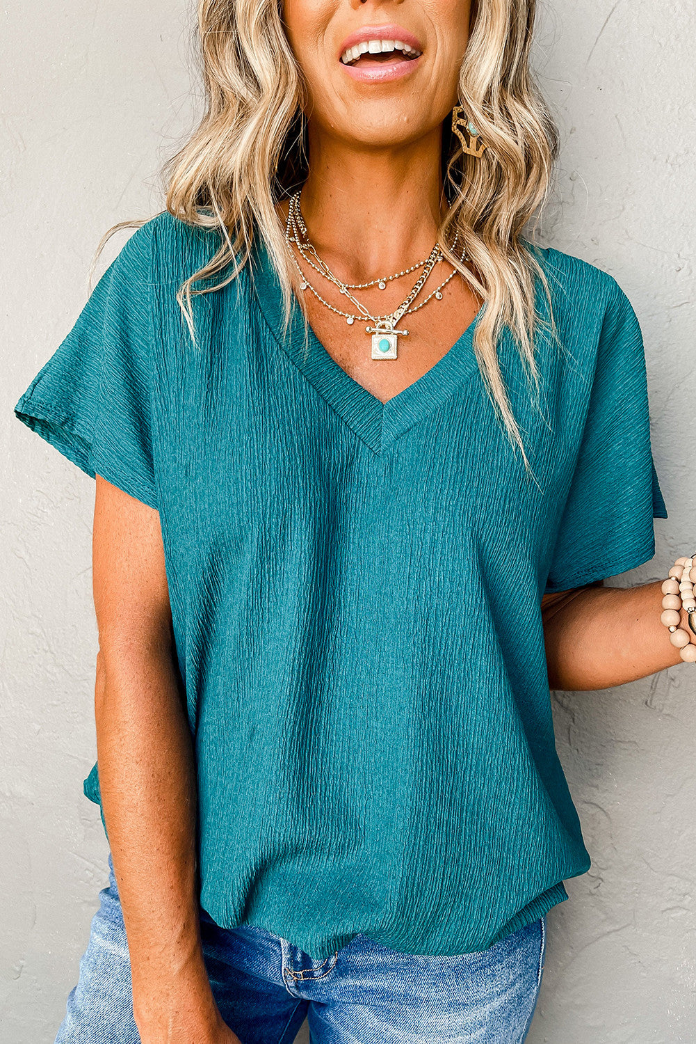 Sweet Simplicity Crinkled Texture Top - Teal