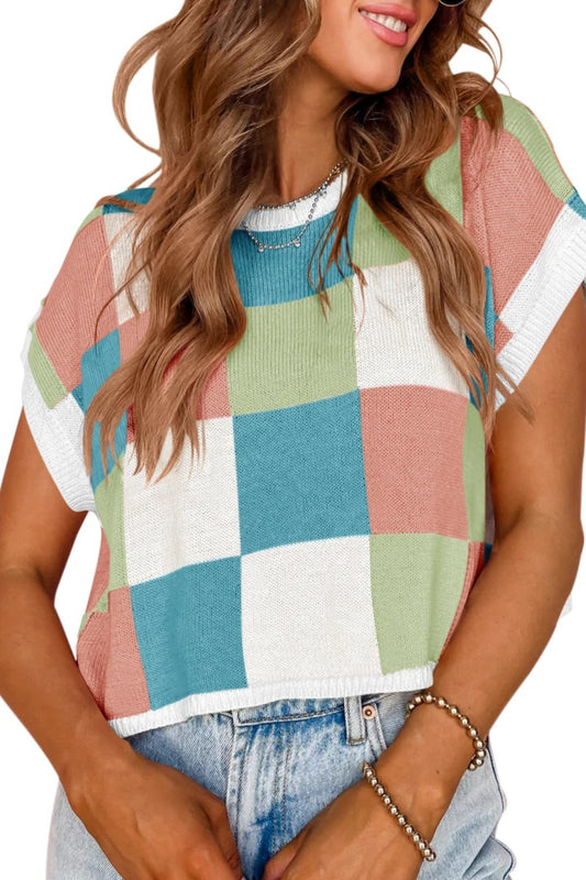 Pre-order Colorblock Check Knit Top