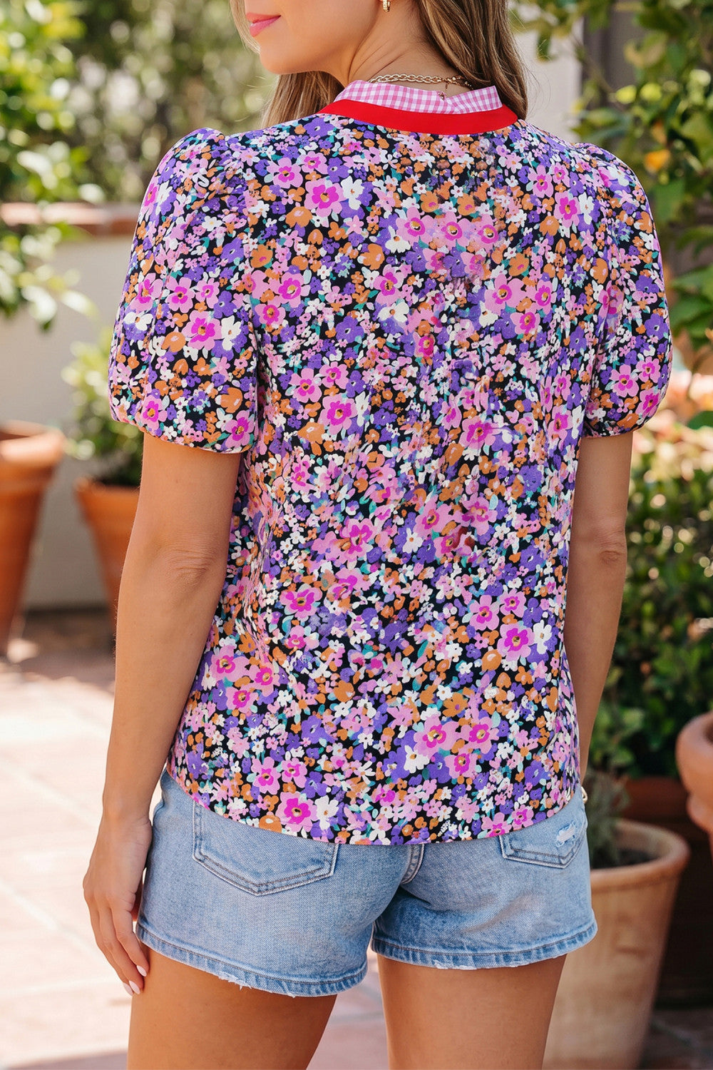 Pre-order Floral With Plaid Detail Trim Top