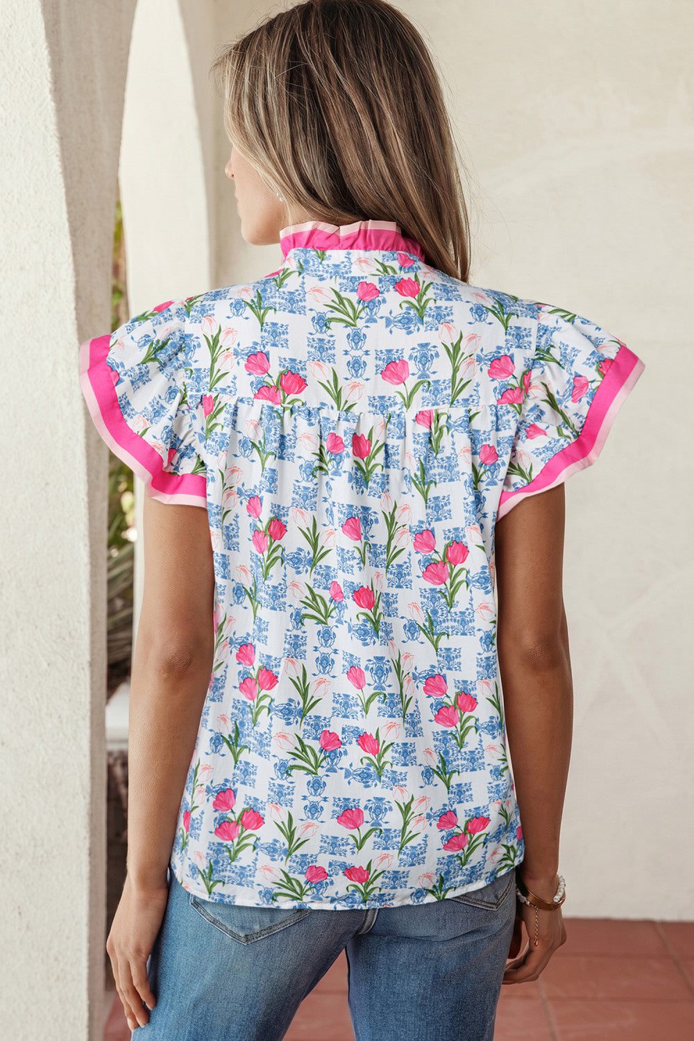 Pre-order Pink Flutter Trim Floral Top