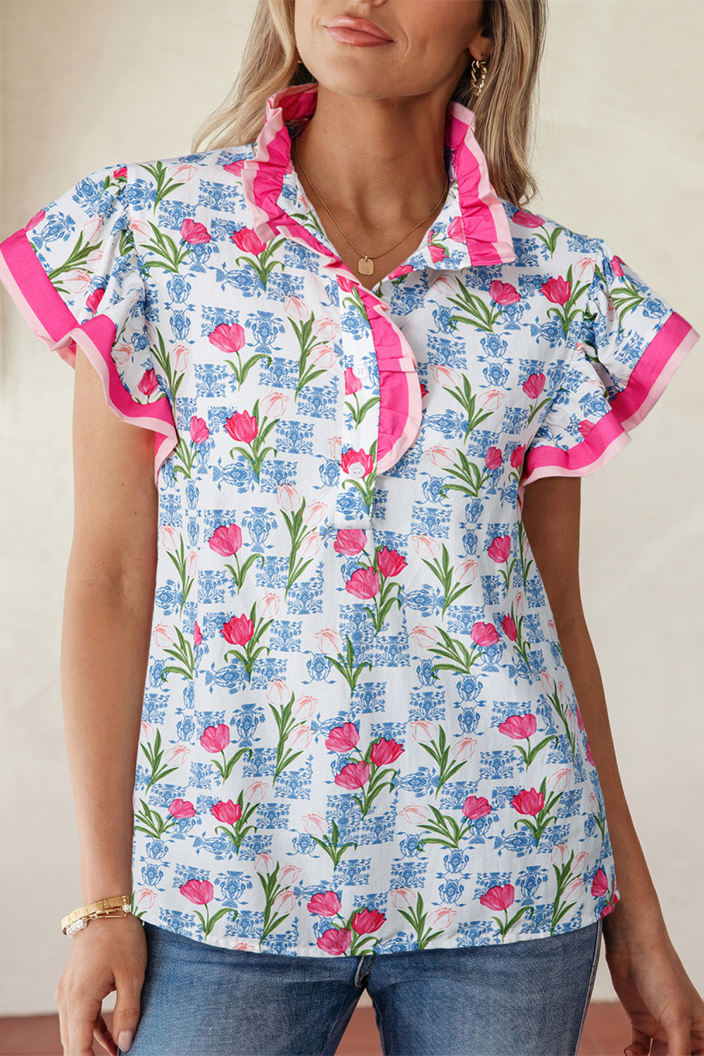 Pre-order Pink Flutter Trim Floral Top