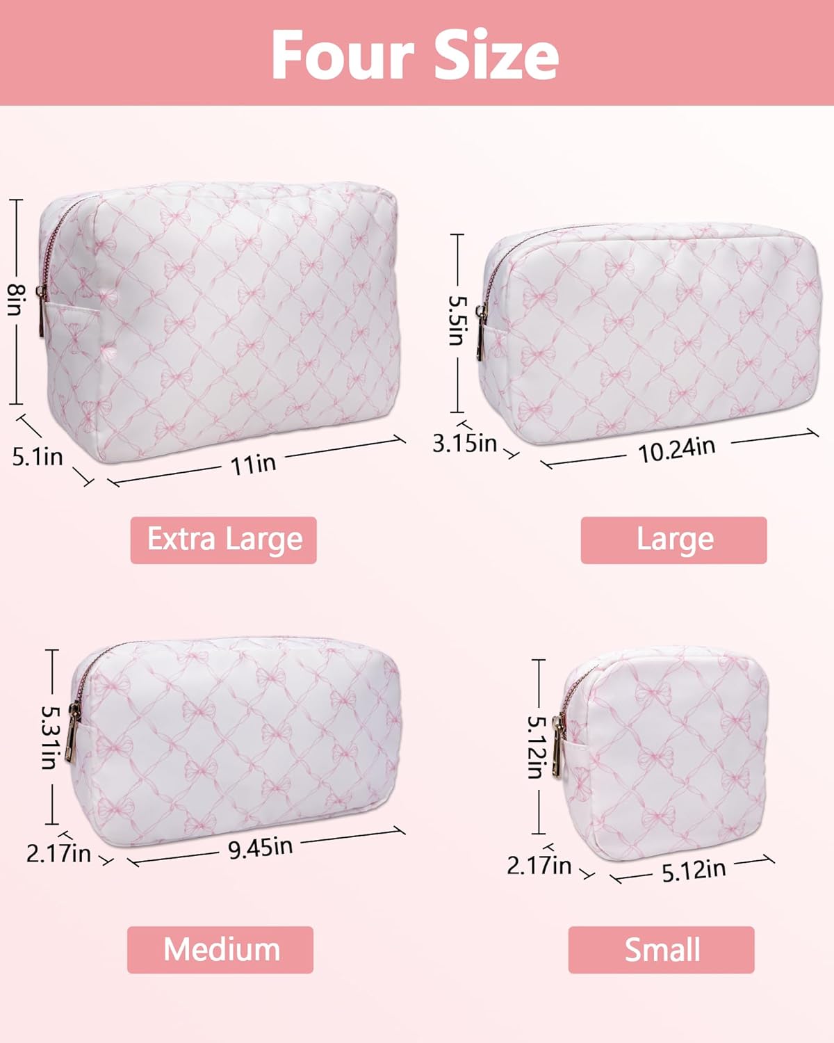 Pre-order 4PC Nylon Cosmetic Bags - Pink Bow