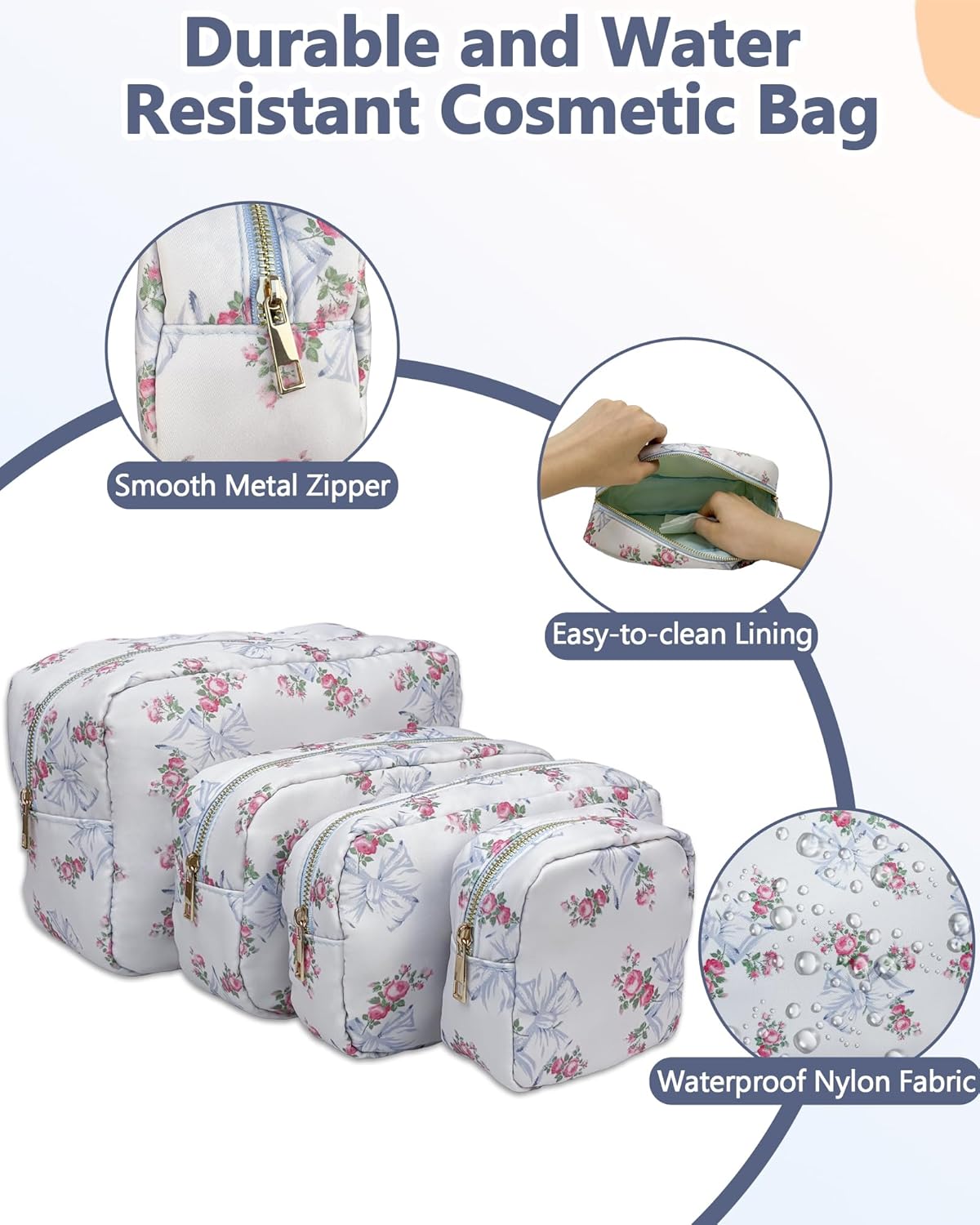 Pre-order 4PC Nylon Cosmetic Bags - Floral Blue