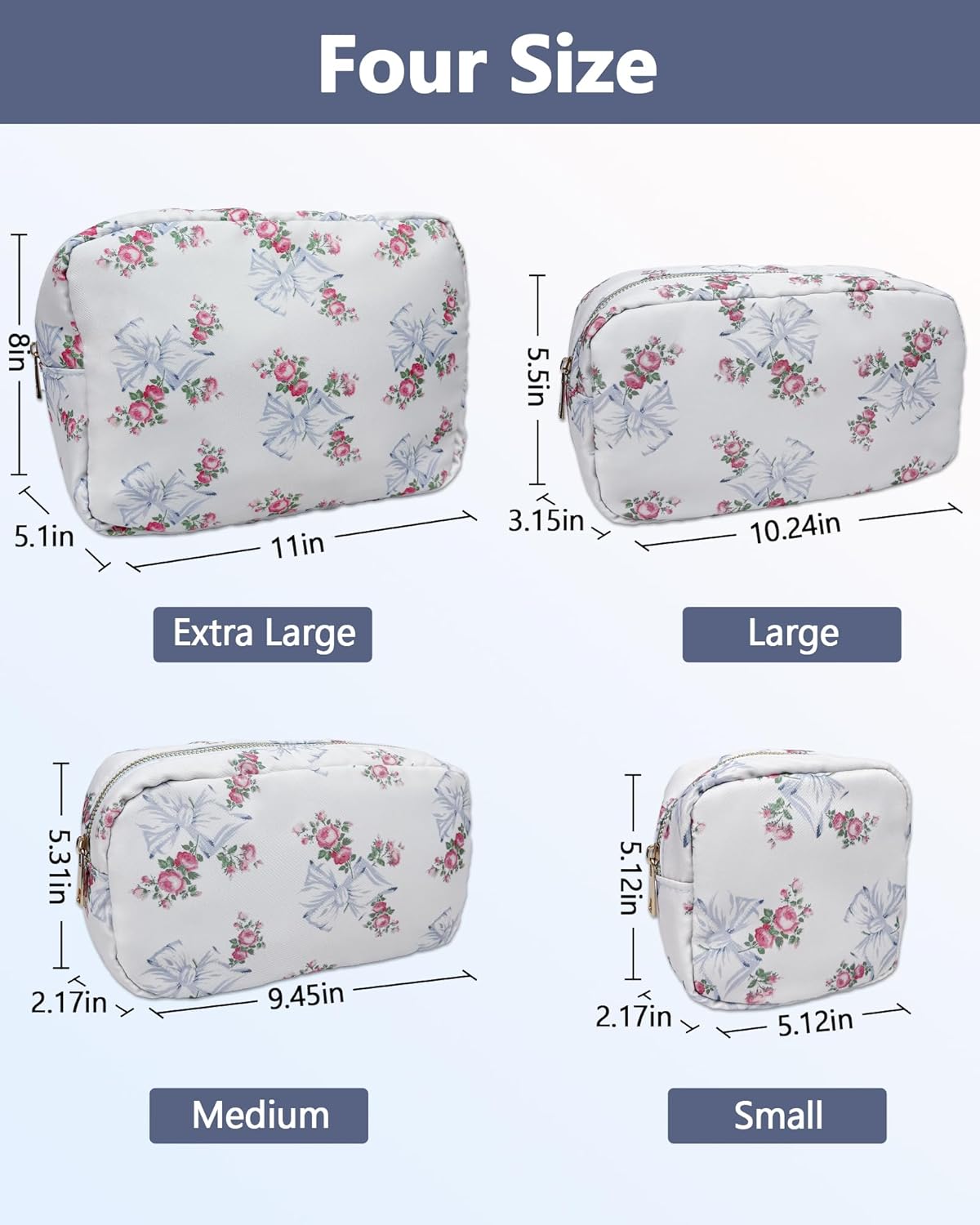 Pre-order 4PC Nylon Cosmetic Bags - Floral Blue