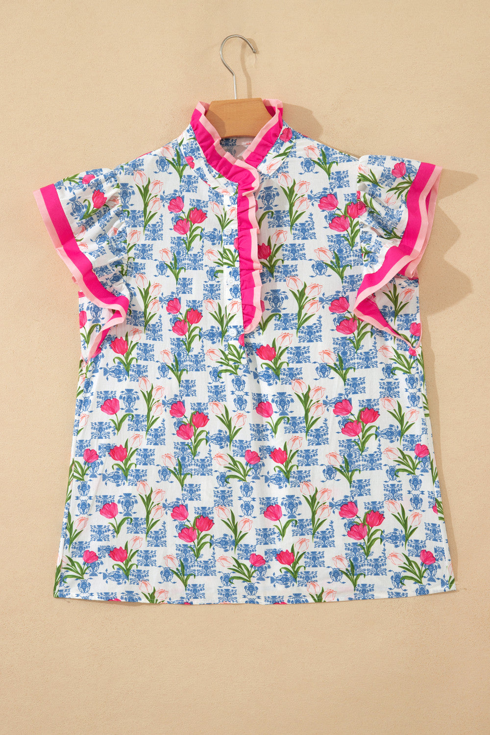 Pre-order Pink Flutter Trim Floral Top