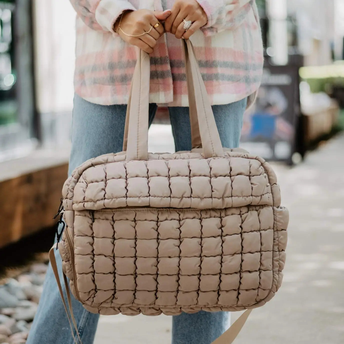 Pre-order Quilted Duffel Weekender with Luggage Slip - Tan