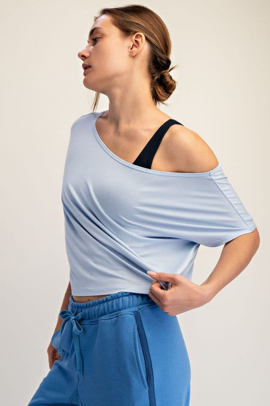Cropped Off The Shoulder Tee - Light Blue