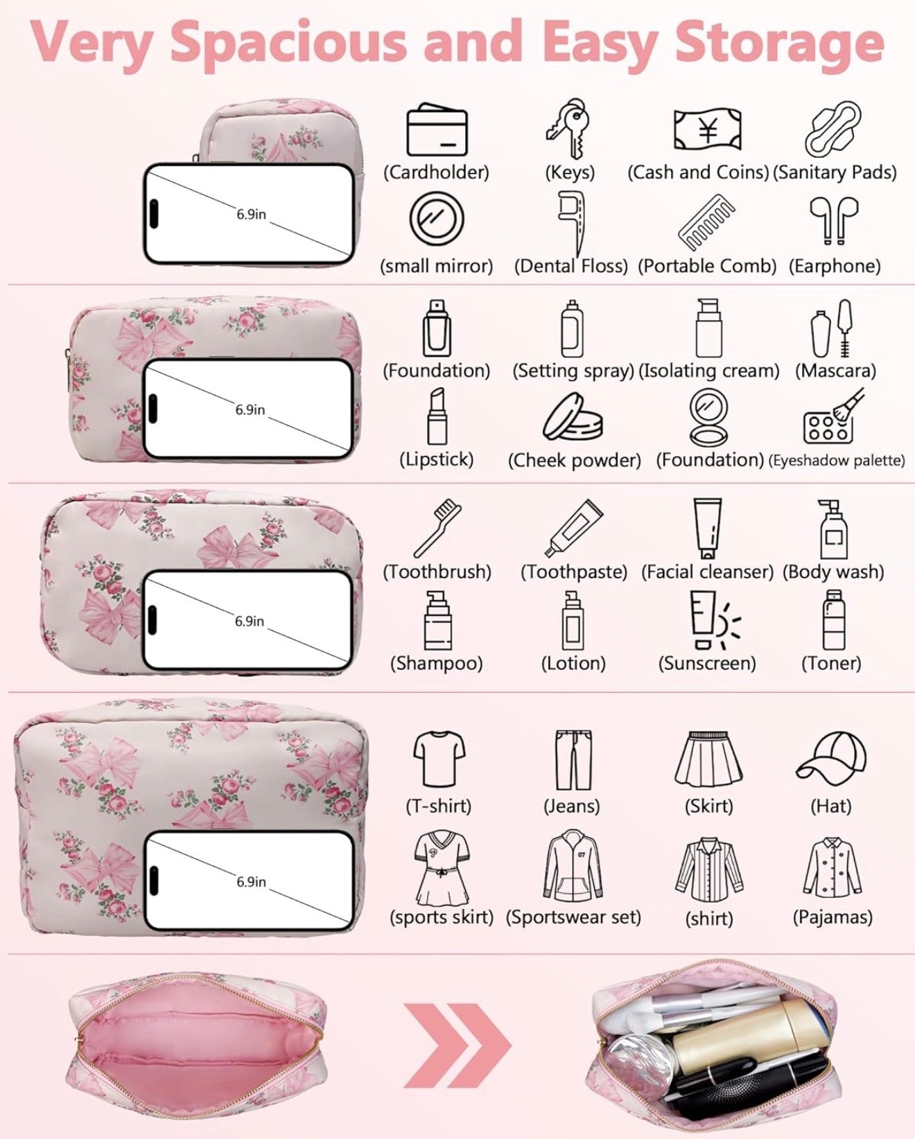 Pre-order 4PC Nylon Cosmetic Bags - Floral Pink