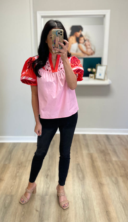 Pink and Red Embroidered Top