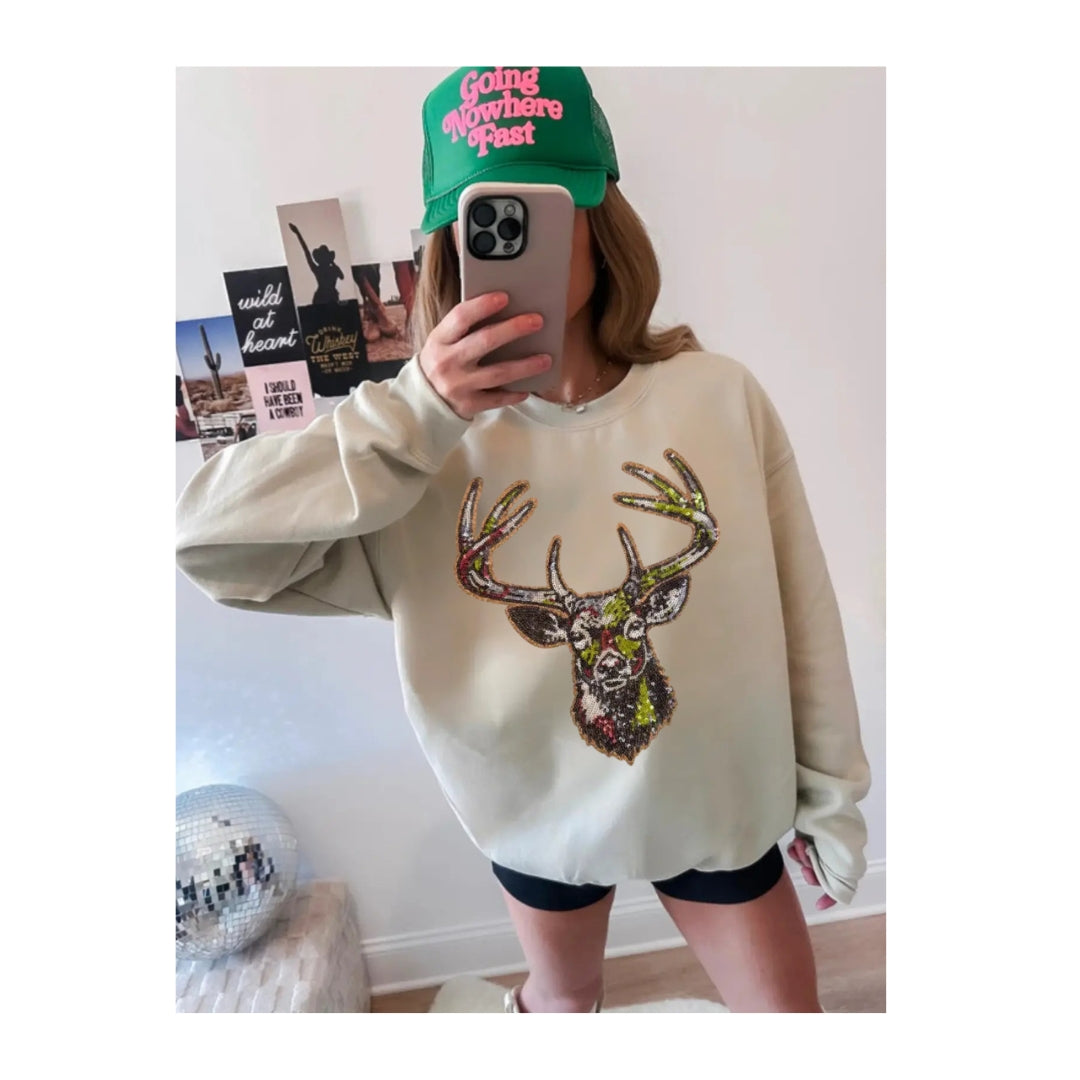 Pre-Order Sequin Sweatshirt - Camo Deer - Sand