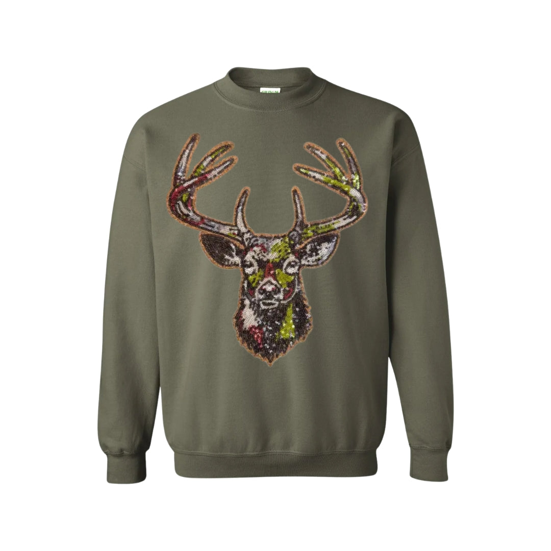 Pre-Order Sequin Sweatshirt - Camo Deer - Green