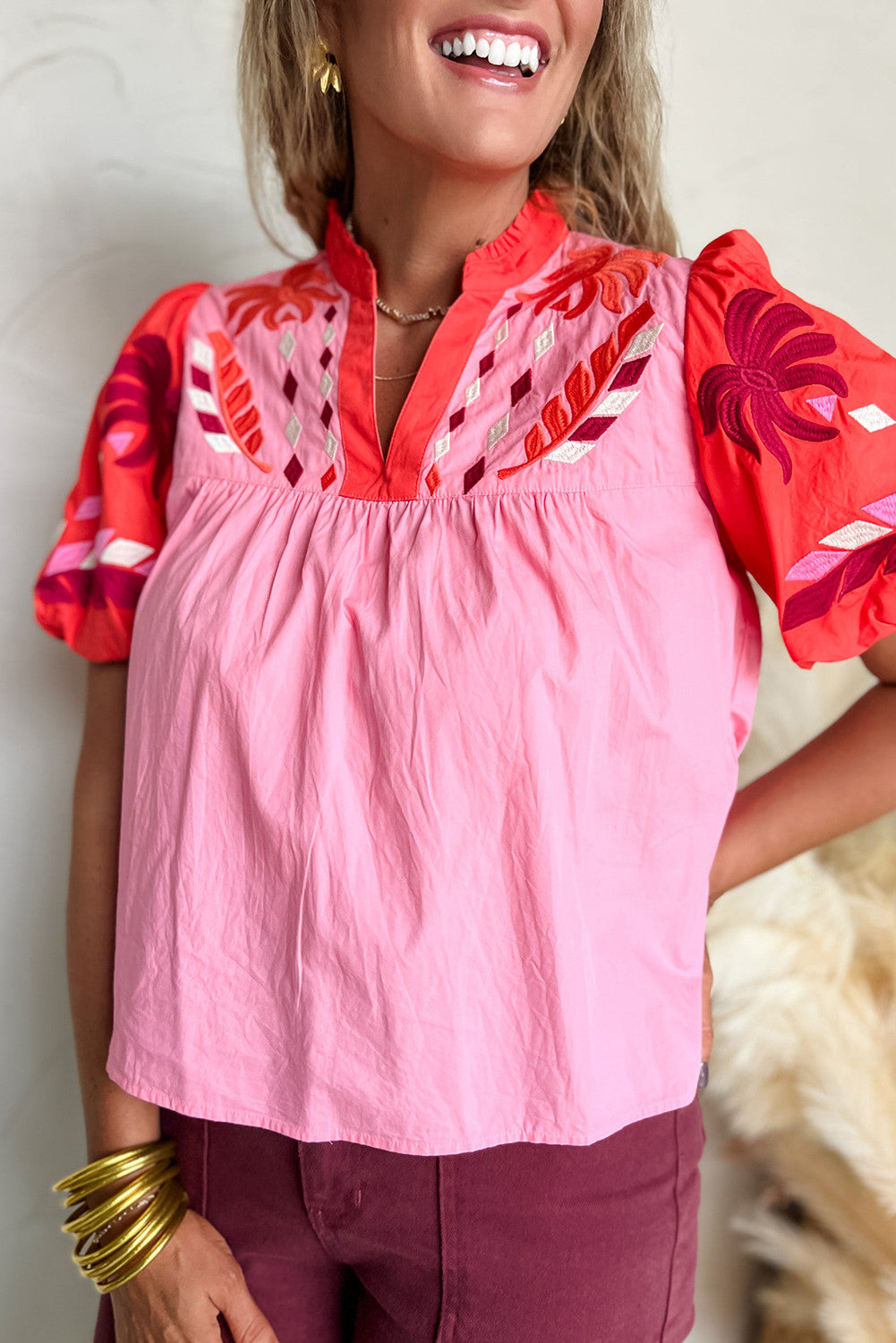 Pink and Red Embroidered Top